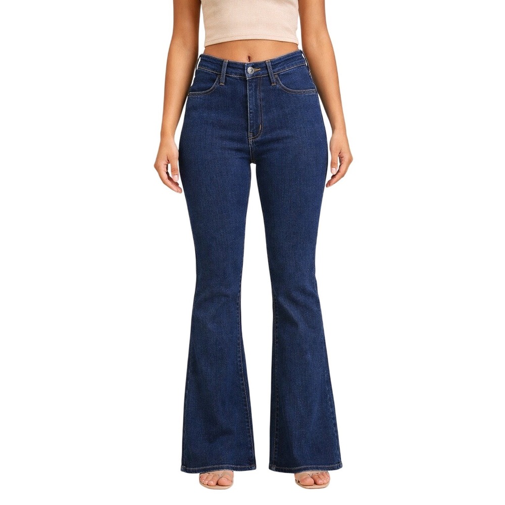 SHEIN Womens Dark Wash Mid Rise Flare Jeans Blue Denim Bell Bottoms Size Large